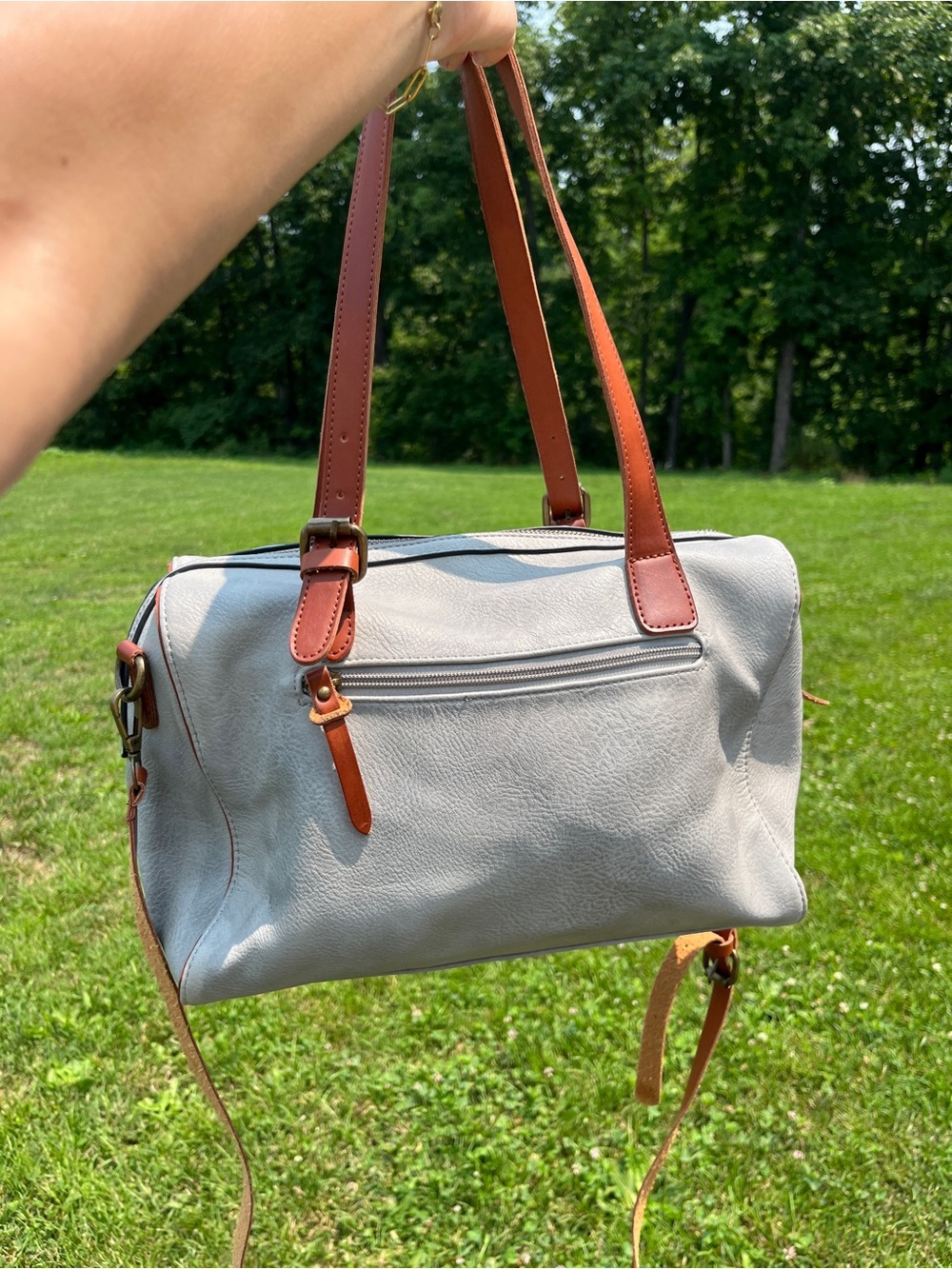 Light Gray Shoulder Bag with Tan Leather Straps